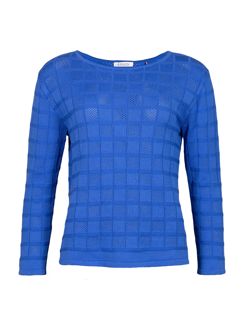 Pull femme ajouré en coton bleu atlantique