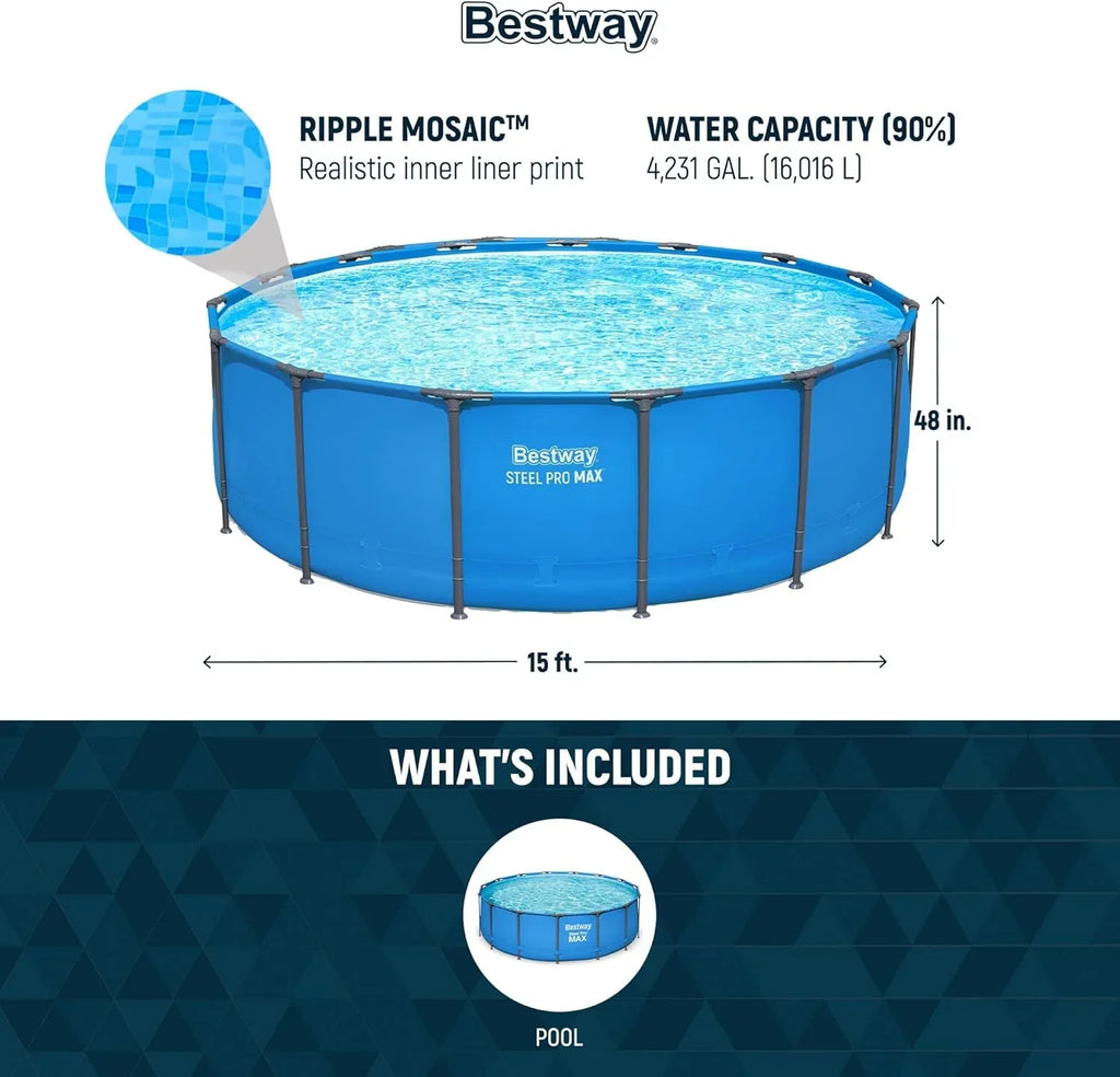 Steel Pro MAX 14 Foot x 48 Inch Round Metal Frame Above Ground Outdoor Swimming Pool Set