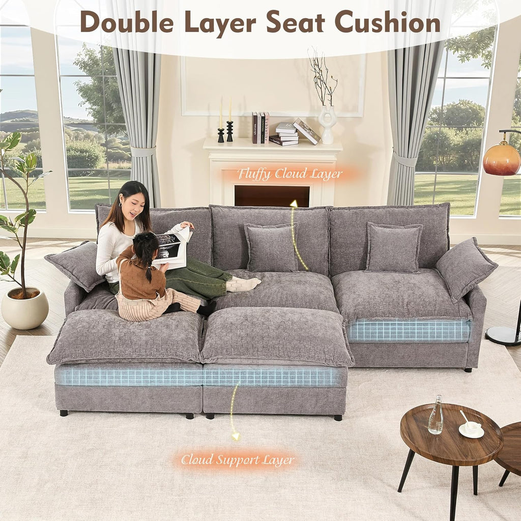 108 U Shaped Couch, Modular Sectional Sofa, 3-Seater Comfy Cloud Couch with Movable Ottoman, Deep Seat Couches for Living Room, Chenille, Slate