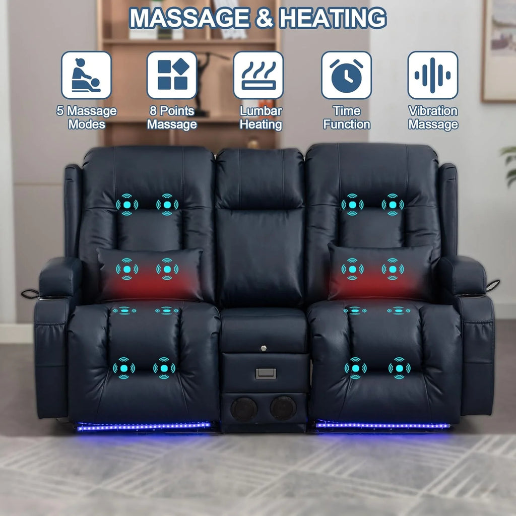 TUNYI Power Loveseat Recliner Sofa with Massage & Heat Home Theater Seating with Console Electric Recliner RV Sofa with USB/Outlet/Storage/Side Pocket/LED Light/Speaker (Brown, Loveseat)