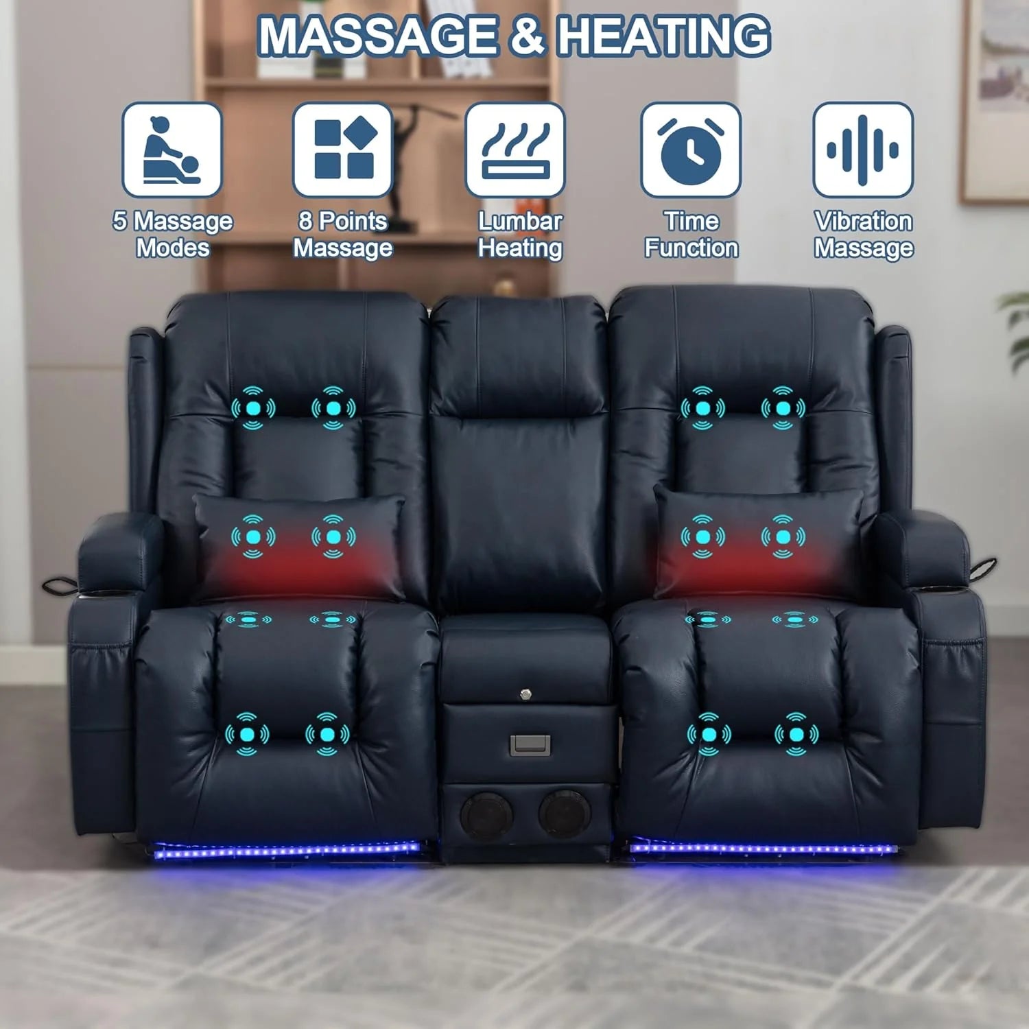 TUNYI Power Loveseat Recliner Sofa with Massage & Heat Home Theater Seating with Console Electric Recliner RV Sofa with USB/Outlet/Storage/Side Pocket/LED Light/Speaker (Brown, Loveseat)