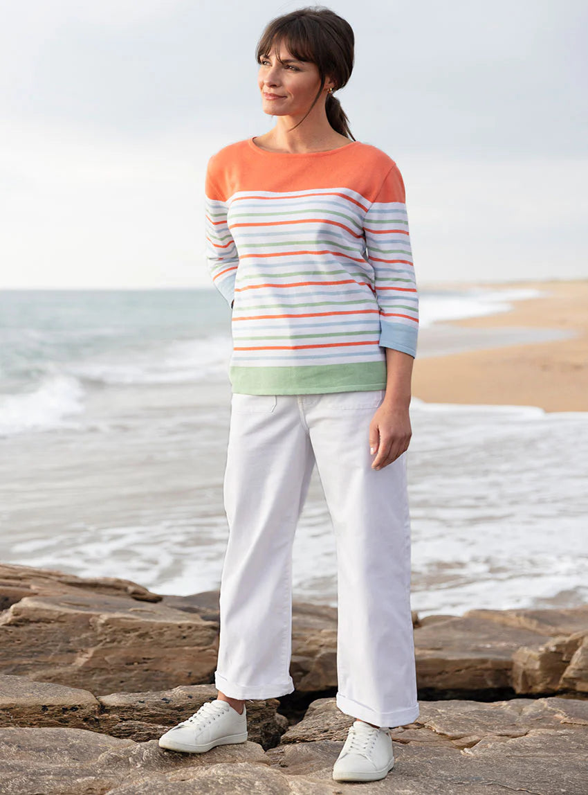 Pull femme rayé en coton orange melon