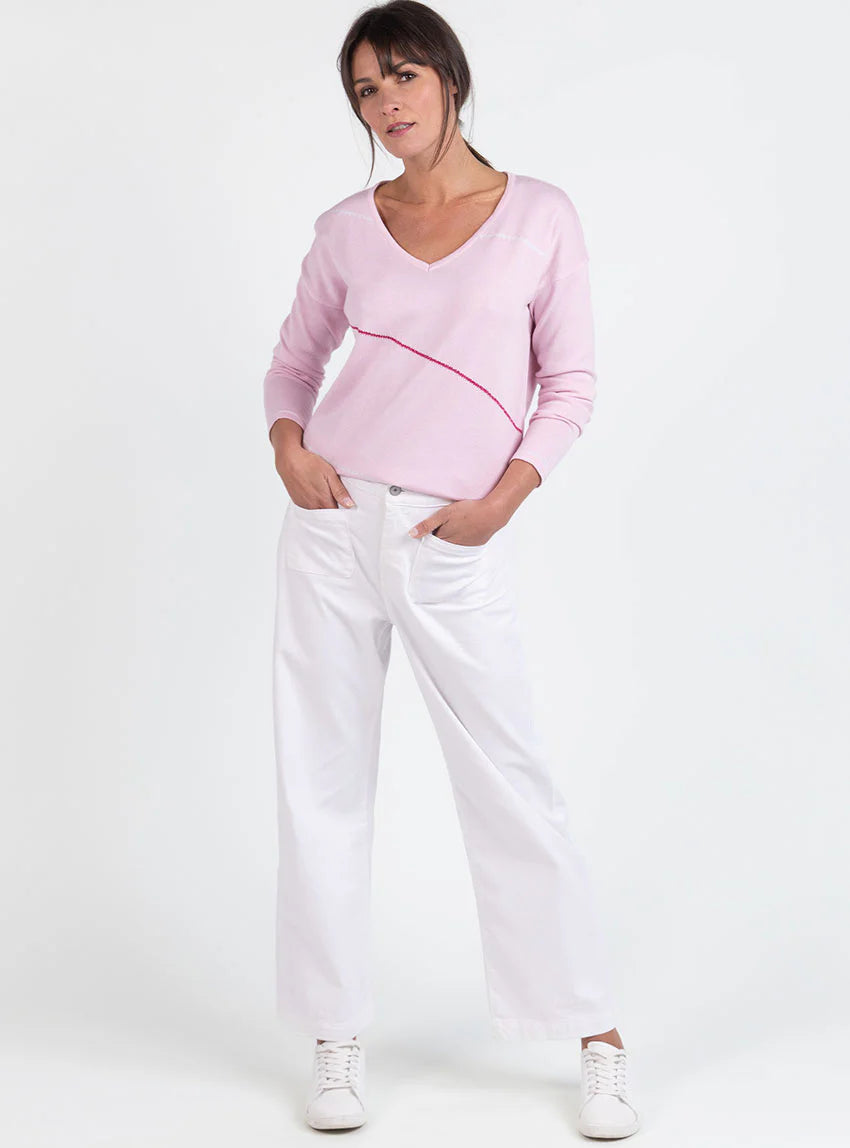 Pull femme col V en coton rose