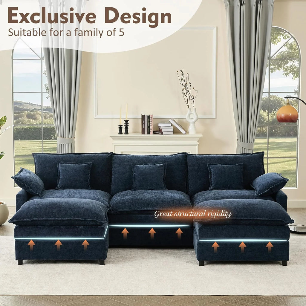 108 U Shaped Couch, Modular Sectional Sofa, 3-Seater Comfy Cloud Couch with Movable Ottoman, Deep Seat Couches for Living Room, Chenille, Slate