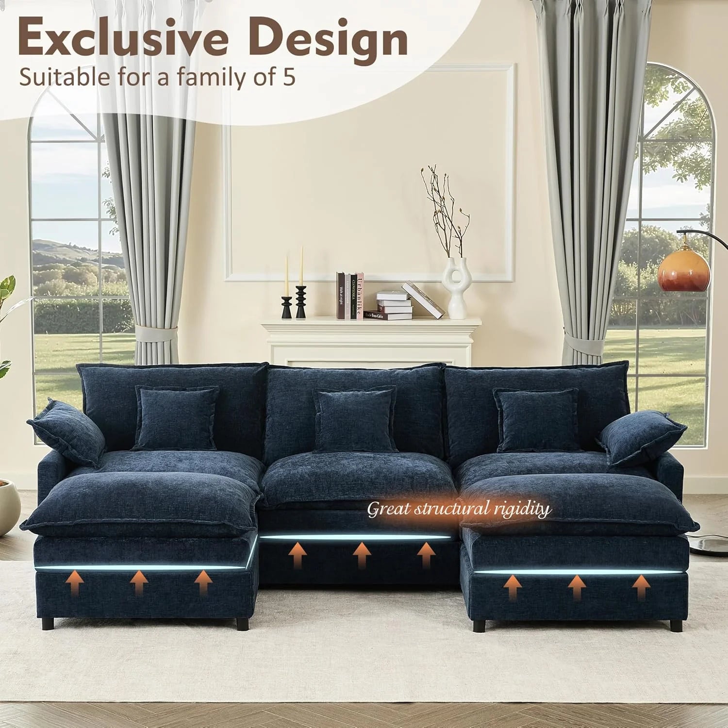 108 U Shaped Couch, Modular Sectional Sofa, 3-Seater Comfy Cloud Couch with Movable Ottoman, Deep Seat Couches for Living Room, Chenille, Slate