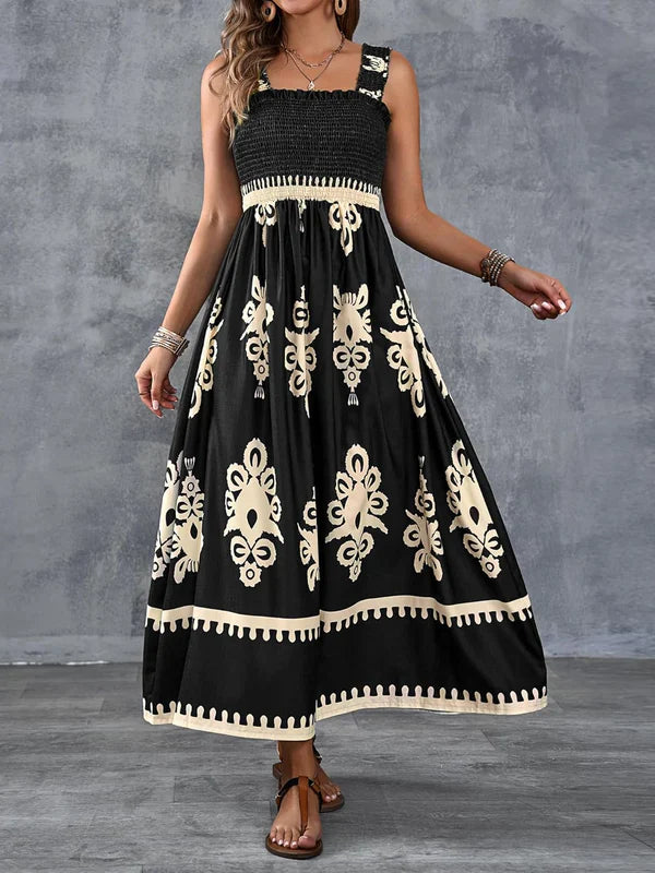 Robe Maxi Smockée à Imprimé Géométrique Artistique