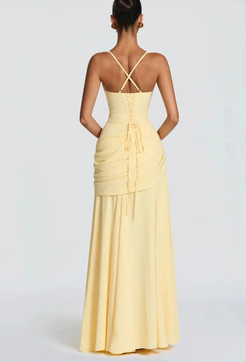Robe Maxi Jaune Drapée Froncée pour Femme