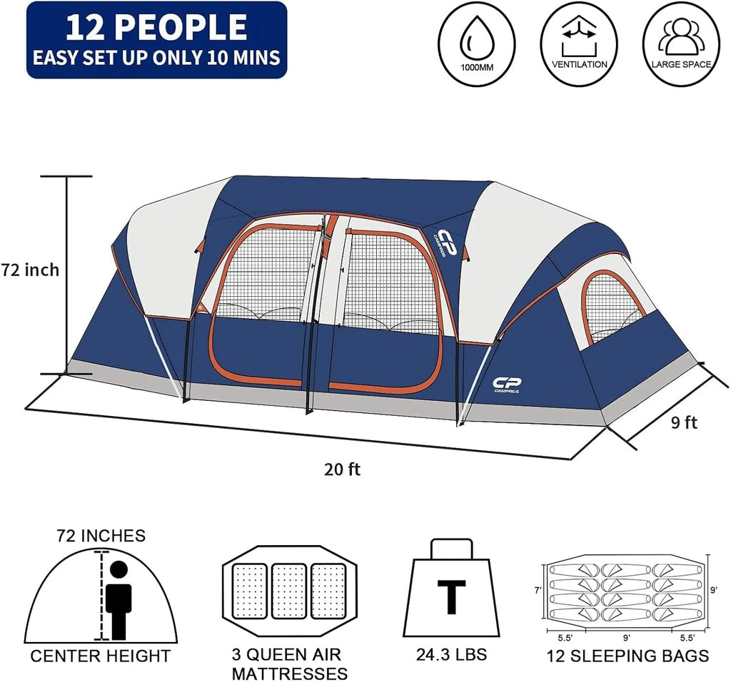 CAMPROS CP Tent 12-Person-Camping-Tents,3 Room Family Tents,Waterproof Windproof Family Tent with Top Rainfly,6 Large Mesh Windows,Double Layer,Easy Set Up, Portable with Carry Bag-20' x 9' x 72(H)