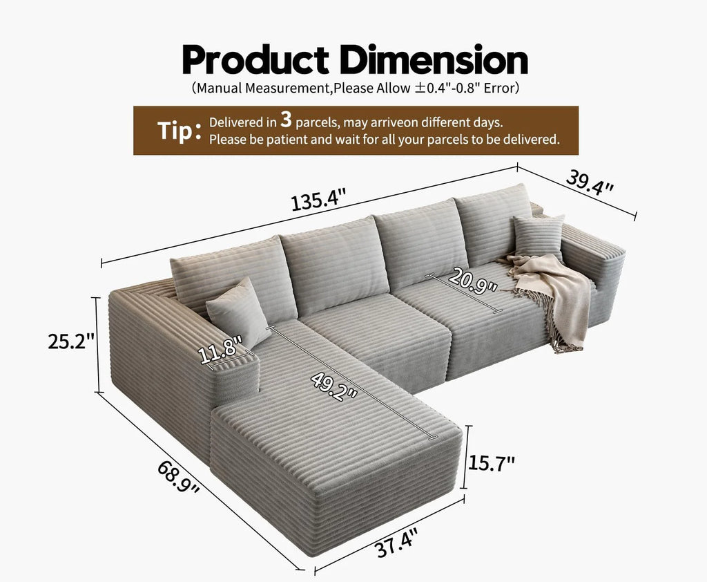 107.5 Cloud Modular Sectional Sofa Couch with L-Shape Chaise,Modern Minimalist Upholstered Couches for Living Room Bedroom,Deep Seat Corner Couch，No Assembly Required (Black,Left Facing Chaise)