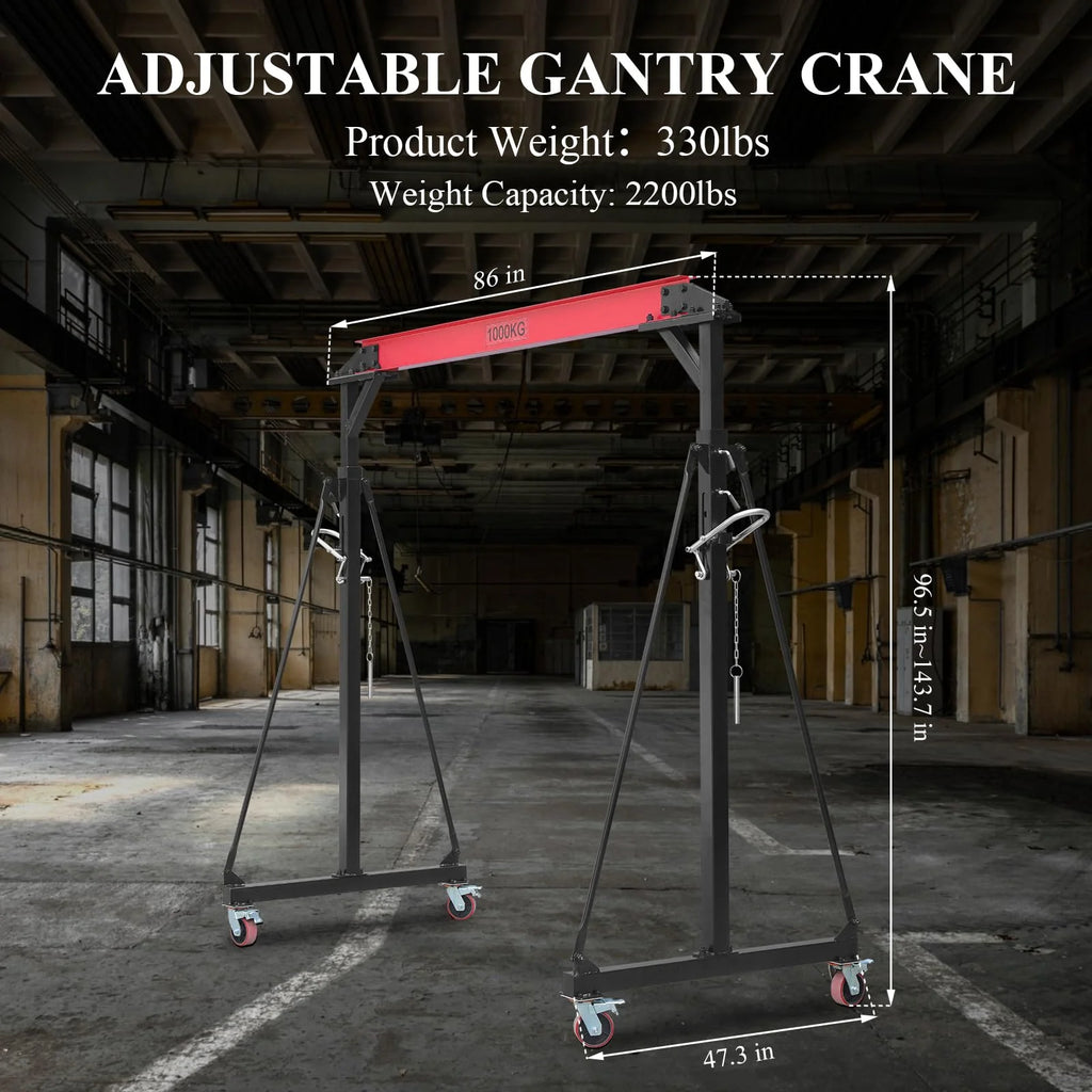 2025  1 Ton Adjustable Gantry Crane, 2200 lbs Capacity, Height Adjustable 96.5-143.7, Portable Hoist for Factory, Construction, Warehouse, Auto Repair