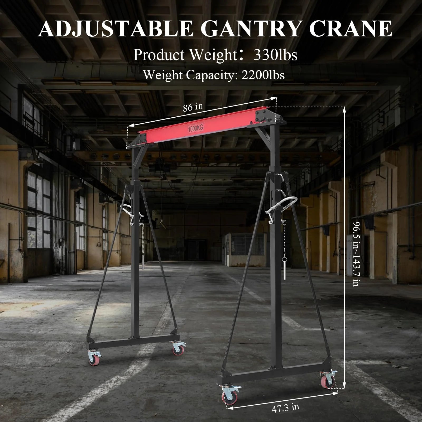 2025  1 Ton Adjustable Gantry Crane, 2200 lbs Capacity, Height Adjustable 96.5-143.7, Portable Hoist for Factory, Construction, Warehouse, Auto Repair