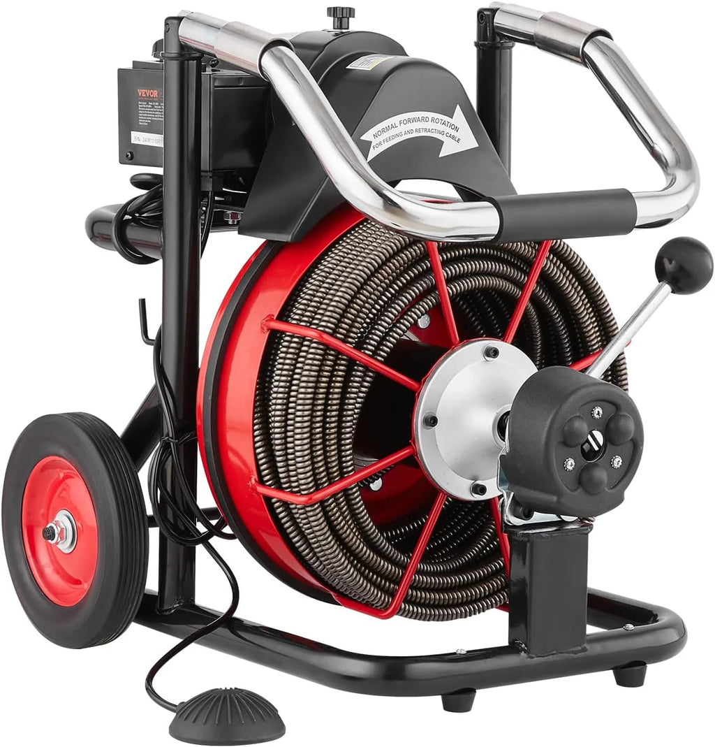 Drain Cleaner Machine 100FT x 1/2 Inch, Auto Feed Sewer Snake Auger on Wheels, 550W Portable Drain Cleaning Machine with 8 Cutters & Air-activated Foot Switch for 2 to 4 Pipes