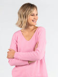 Pull femme col V laine et cachemire rose