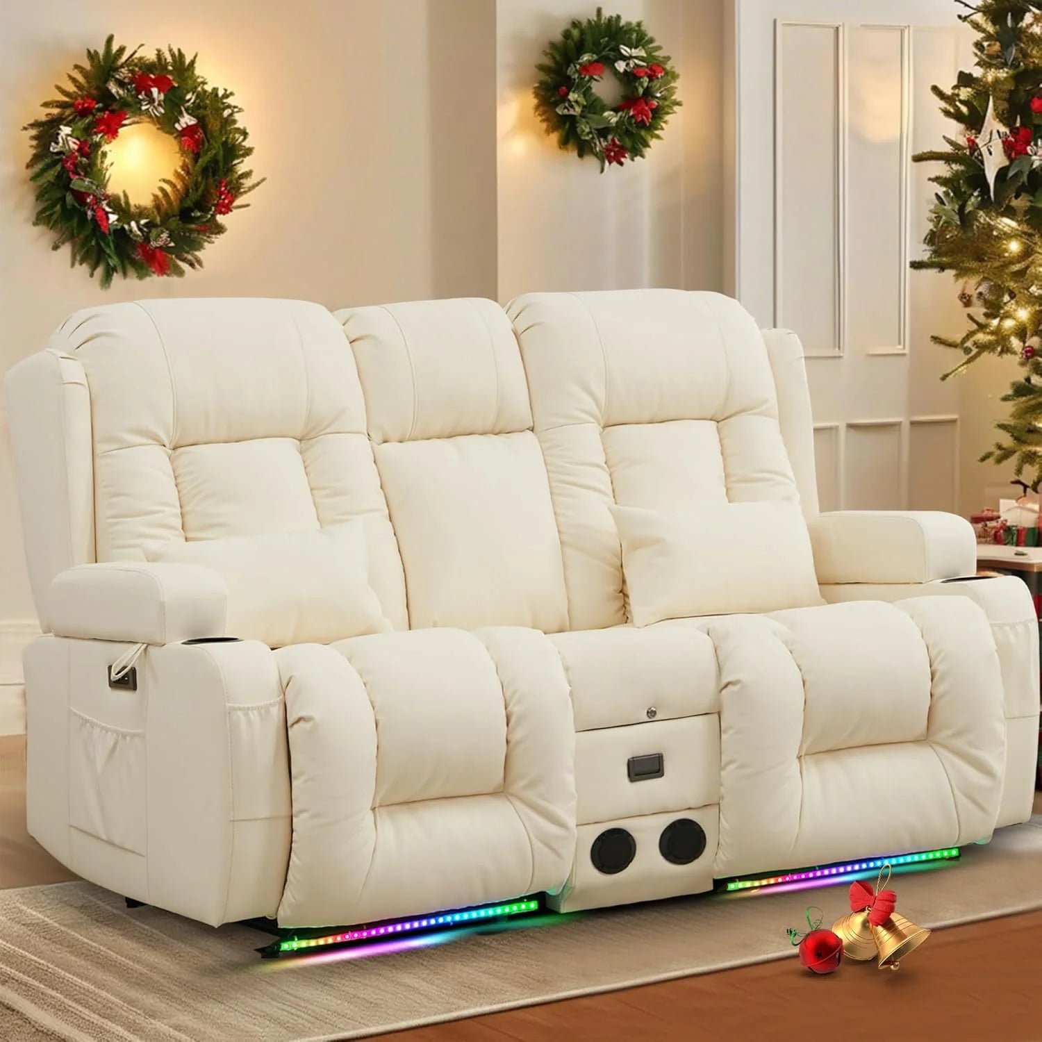 TUNYI Power Loveseat Recliner Sofa with Massage & Heat Home Theater Seating with Console Electric Recliner RV Sofa with USB/Outlet/Storage/Side Pocket/LED Light/Speaker (Brown, Loveseat)
