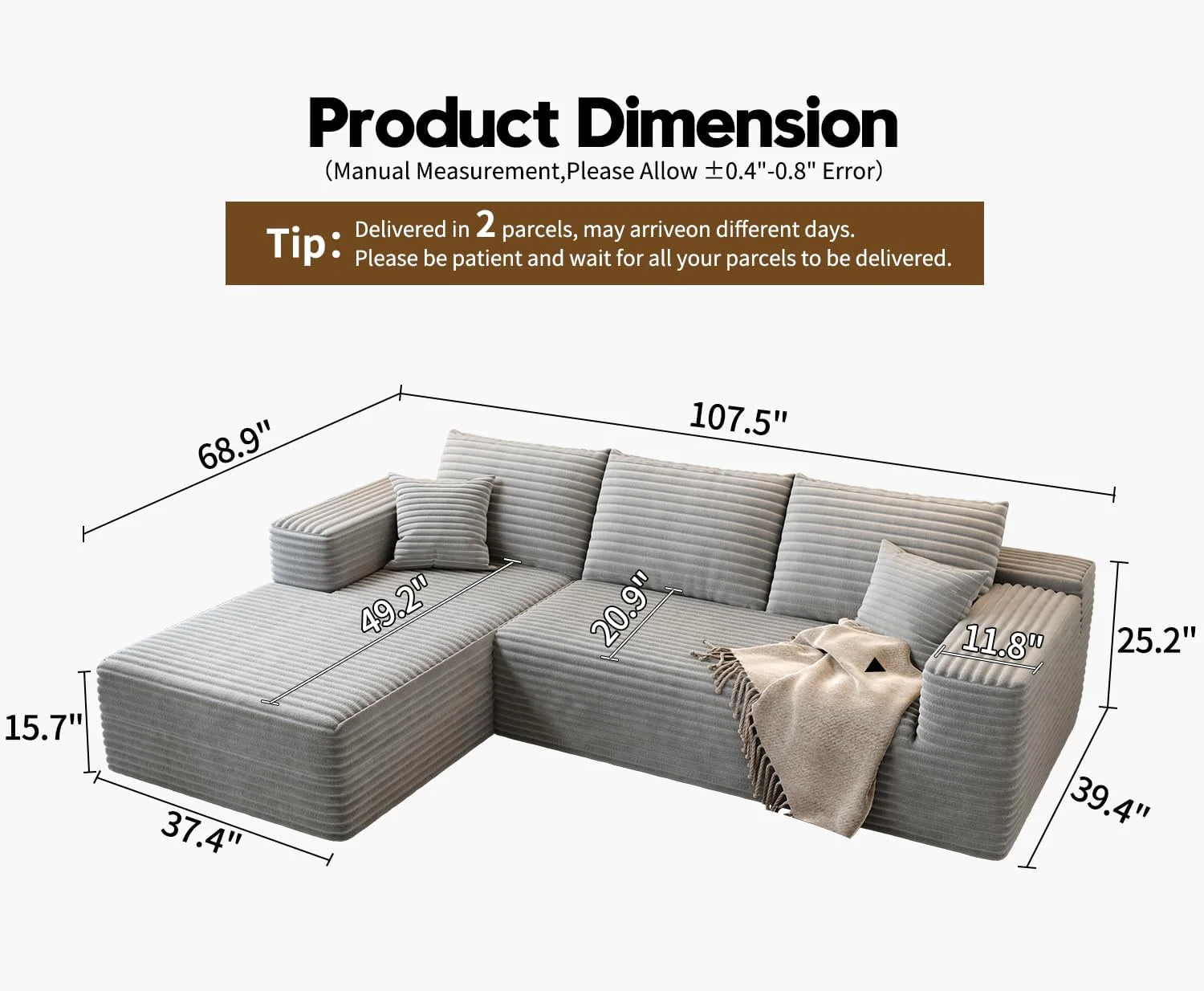 107.5 Cloud Modular Sectional Sofa Couch with L-Shape Chaise,Modern Minimalist Upholstered Couches for Living Room Bedroom,Deep Seat Corner Couch，No Assembly Required (Black,Left Facing Chaise)