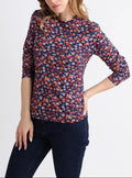 T-shirt femme coton à fleurs bleu marine