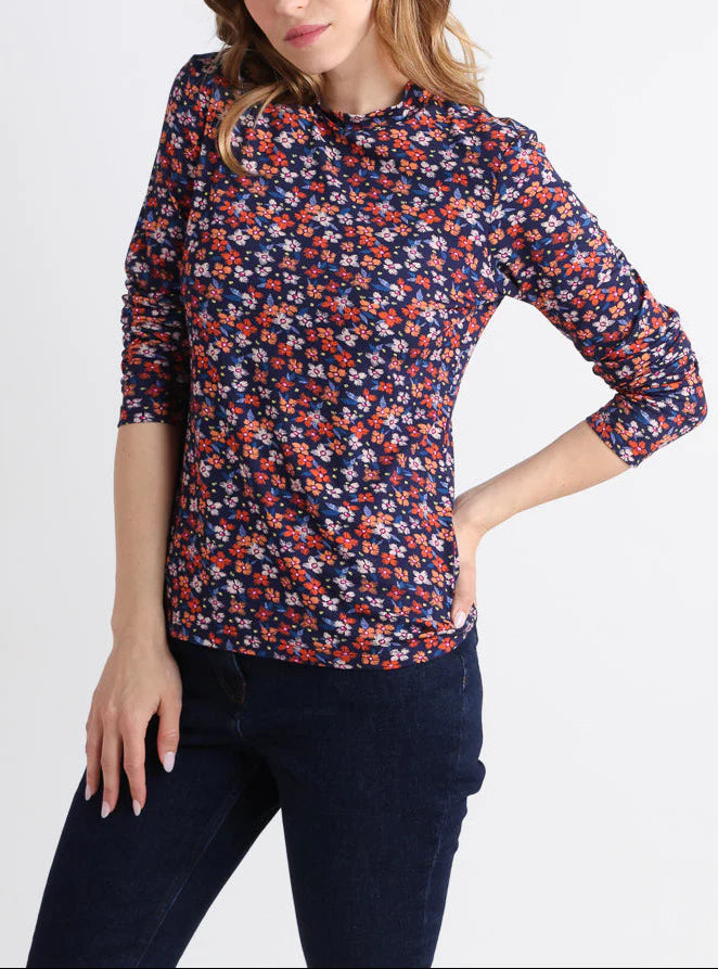 T-shirt femme coton à fleurs bleu marine