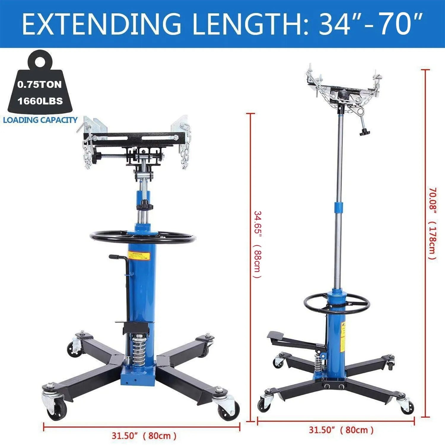 1660 Pounds Hydraulic Car Transmission Jack Vertical Lift with 360° Swivel Wheel Pedal ,Blue,33-70(0.75Ton)