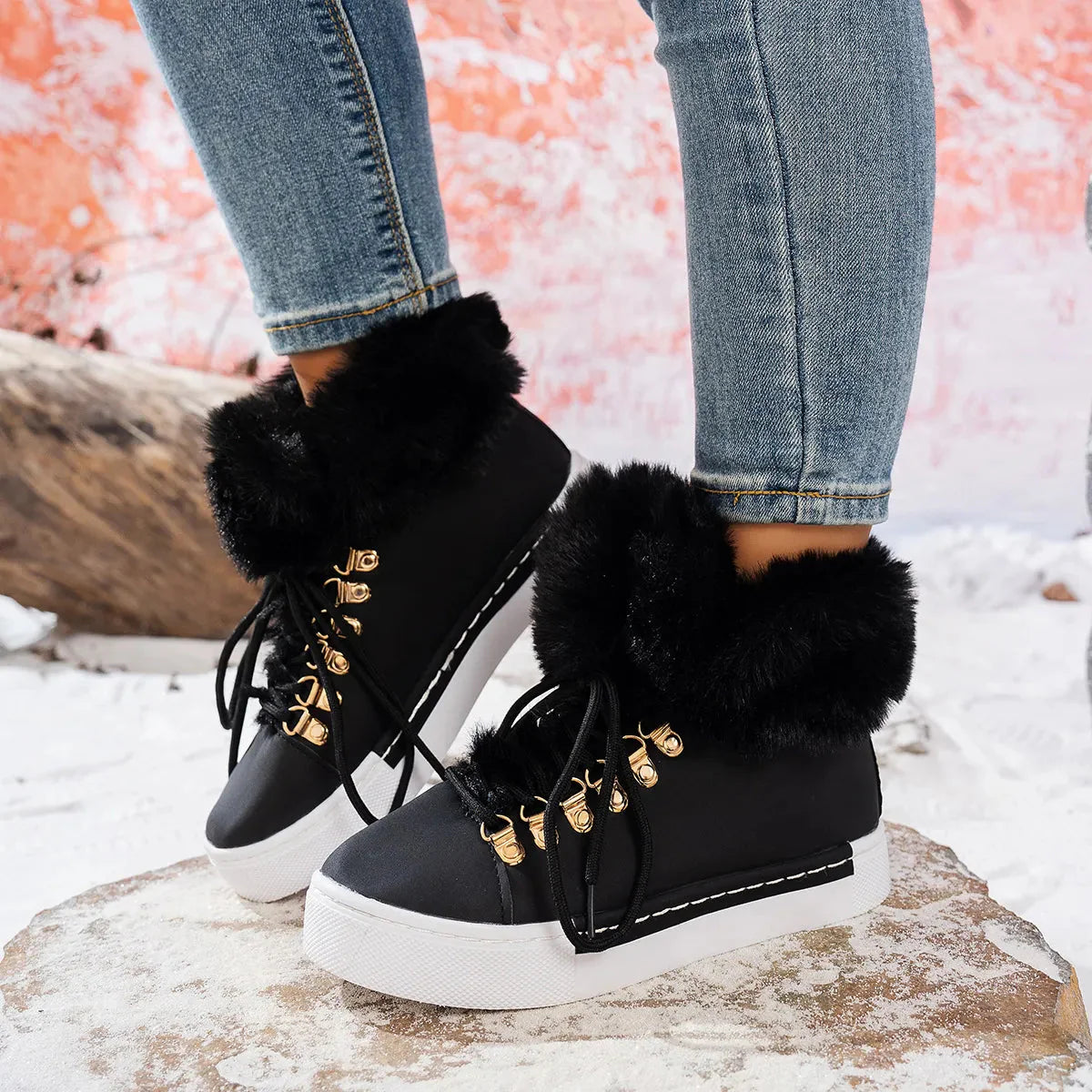 Bottes d'hiver en laine confortables à lacets pour femmes