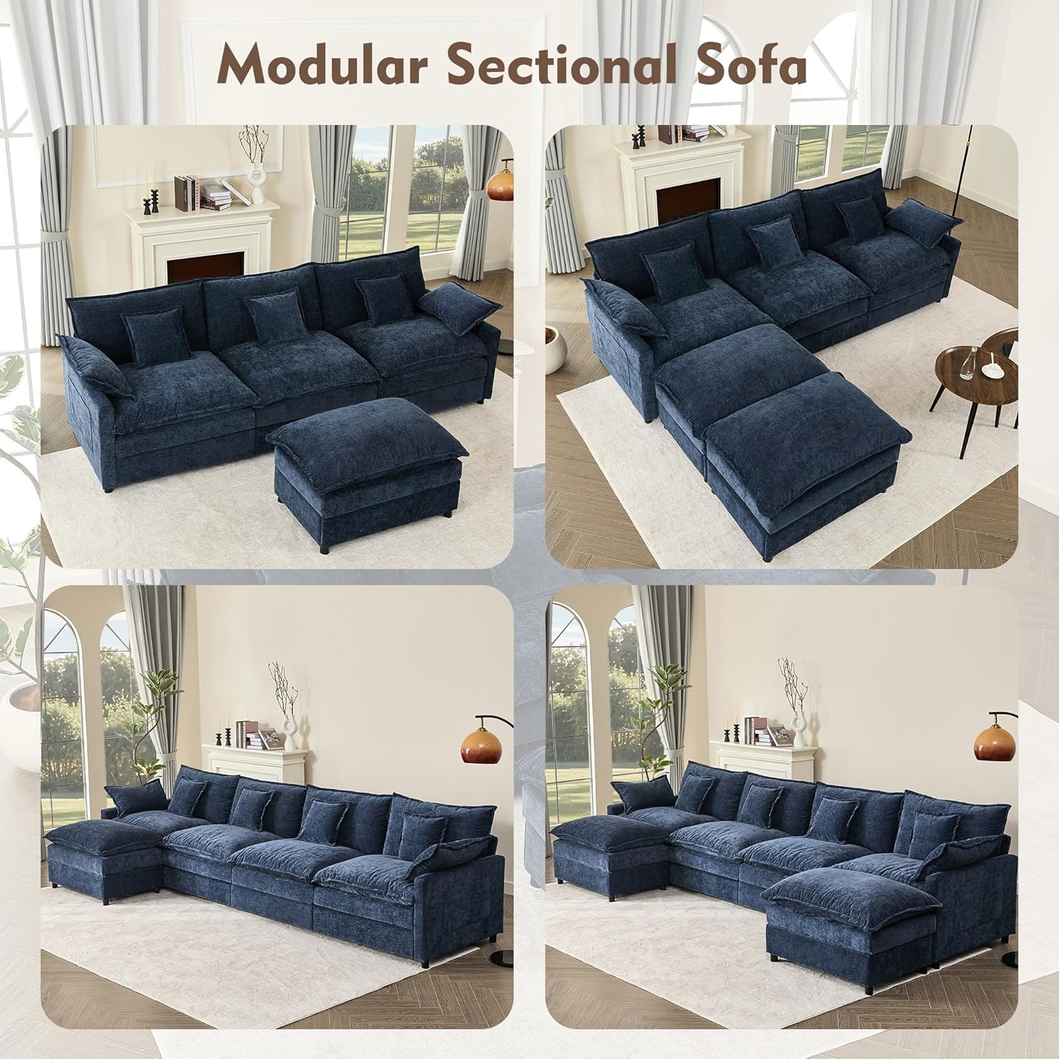 108 U Shaped Couch, Modular Sectional Sofa, 3-Seater Comfy Cloud Couch with Movable Ottoman, Deep Seat Couches for Living Room, Chenille, Slate