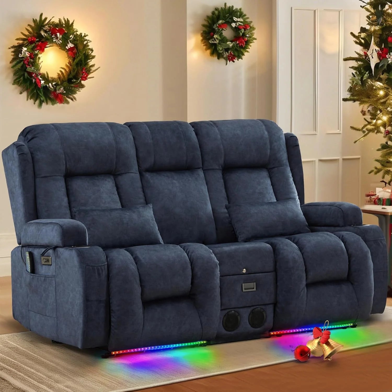 TUNYI Power Loveseat Recliner Sofa with Massage & Heat Home Theater Seating with Console Electric Recliner RV Sofa with USB/Outlet/Storage/Side Pocket/LED Light/Speaker (Brown, Loveseat)