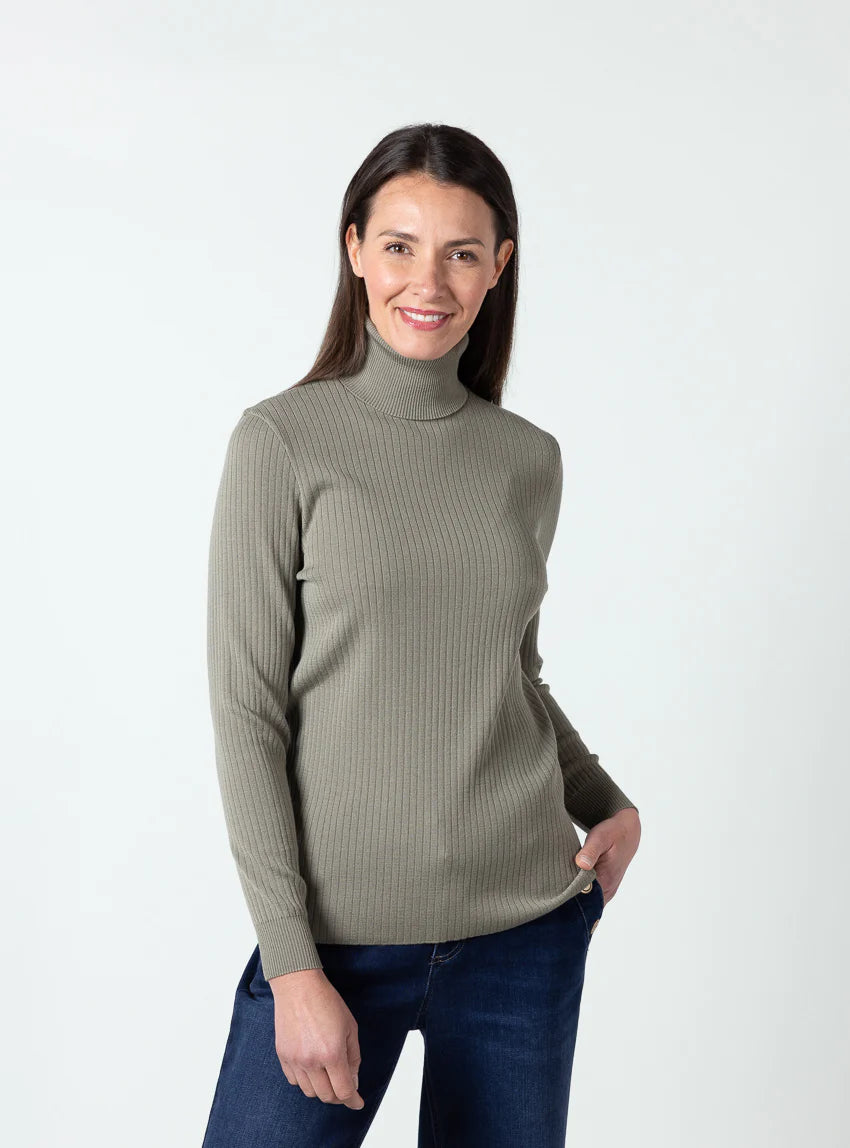 Pull chaussette femme col roule en laine mérinos Vert Olive