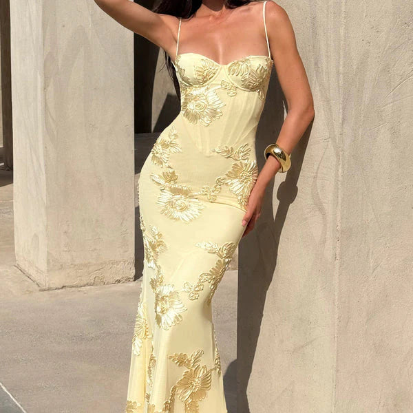 Robe longue à fines bretelles pour femme Élégante invitée mariage d'été