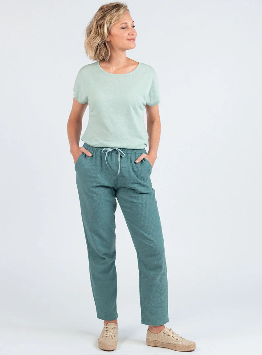 Pantalon femme coton gaufré vert littoral