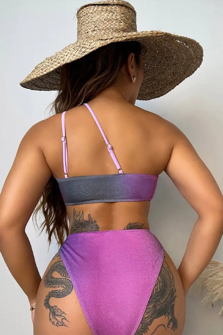 Purple Gradient Shimmer One Shoulder Cut-Out High Waist Cheeky 2Pc Swimsuit