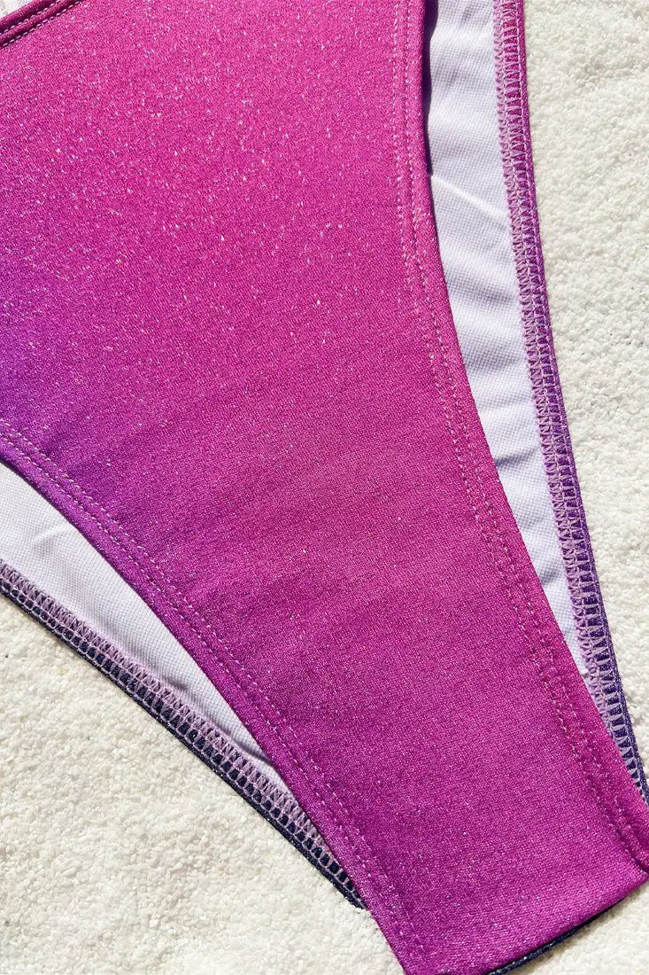 Purple Gradient Shimmer One Shoulder Cut-Out High Waist Cheeky 2Pc Swimsuit