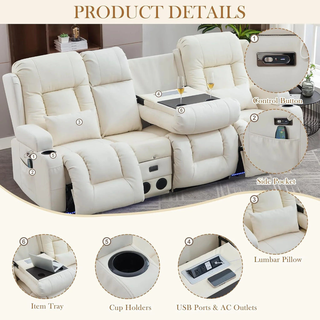 TUNYI Power Loveseat Recliner Sofa with Massage & Heat Home Theater Seating with Console Electric Recliner RV Sofa with USB/Outlet/Storage/Side Pocket/LED Light/Speaker (Brown, Loveseat)