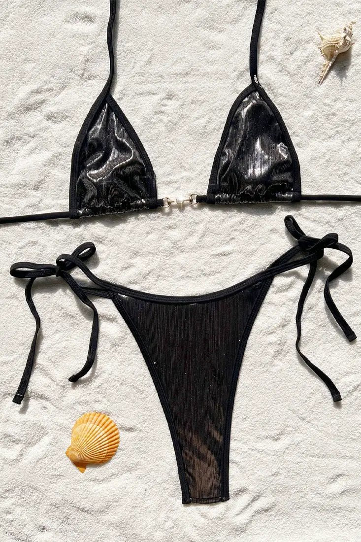 Black Shiny Pearl Designer Buckle Triangle Thong Sexy 2Pc Swimsuit Set