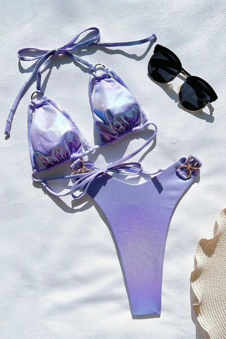 Purple Holographic Shiny Strappy Trangle Ultra Cheeky Sexy 2Pc Swimsuit Set