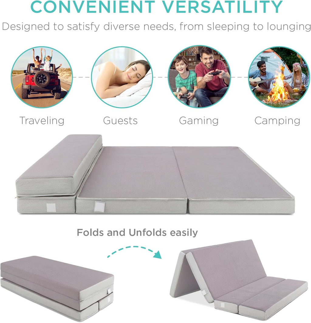 Best Choice Products 4in Portable Queen-Size Mattress, Tri-Fold Mattress for Camping, Guest, Toddler, Foam Plush w/Carry Case - Grey