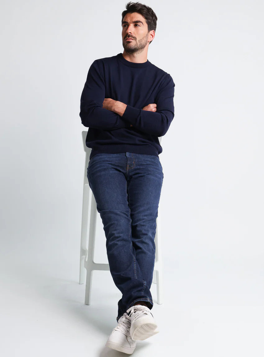Pull homme col rond laine merinos Bleu Marine
