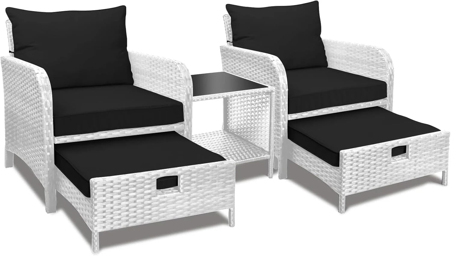 LEVELEVE Balcony Furniture 5 Piece Patio Conversation Set, PE Wicker Rattan Outdoor Lounge Chairs with Soft Cushions 2 Ottoman&Glass Table for Porch, Lawn-Brown Wicker