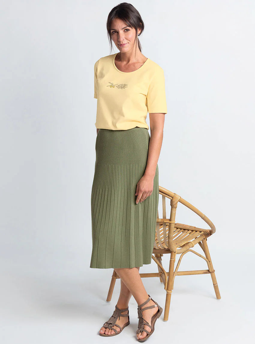 Jupe plissée femme fluide en viscose vert kaki