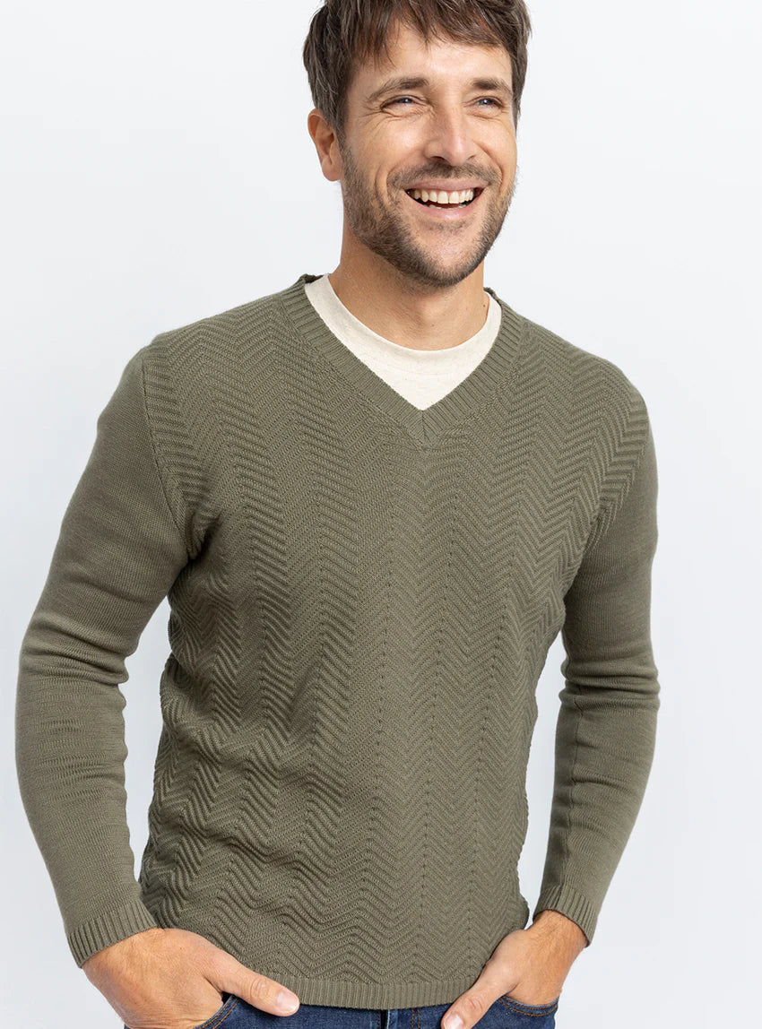 Pull homme col V chevrons en coton Vert Kaki