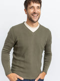 Pull homme col V chevrons en coton Vert Kaki