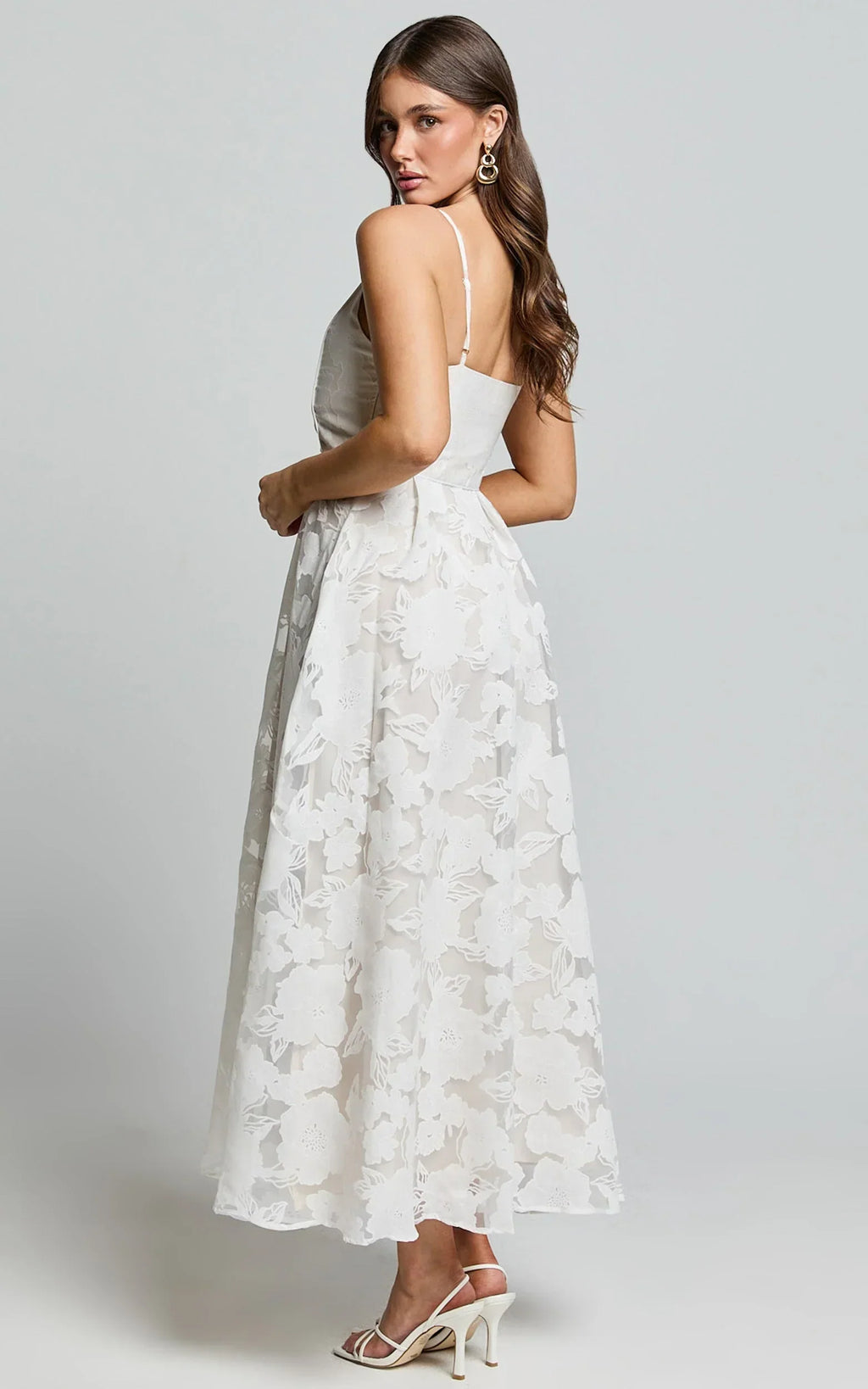 Philine Midi Dress - Jacquard Plunge Fit and Flare Dress in White