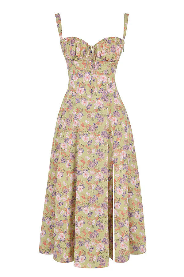 Robe moulante bustier à fleurs et taille découverte
