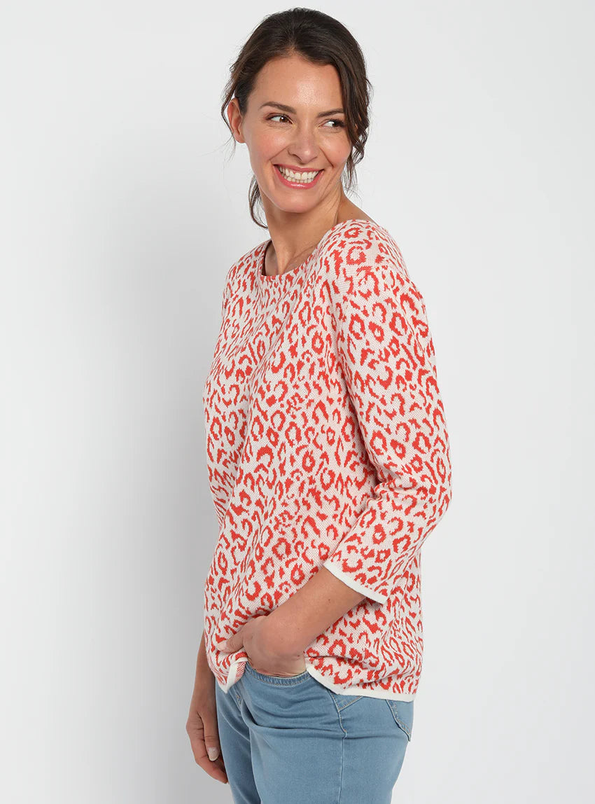 Pull femme jacquard léopard orange terracotta