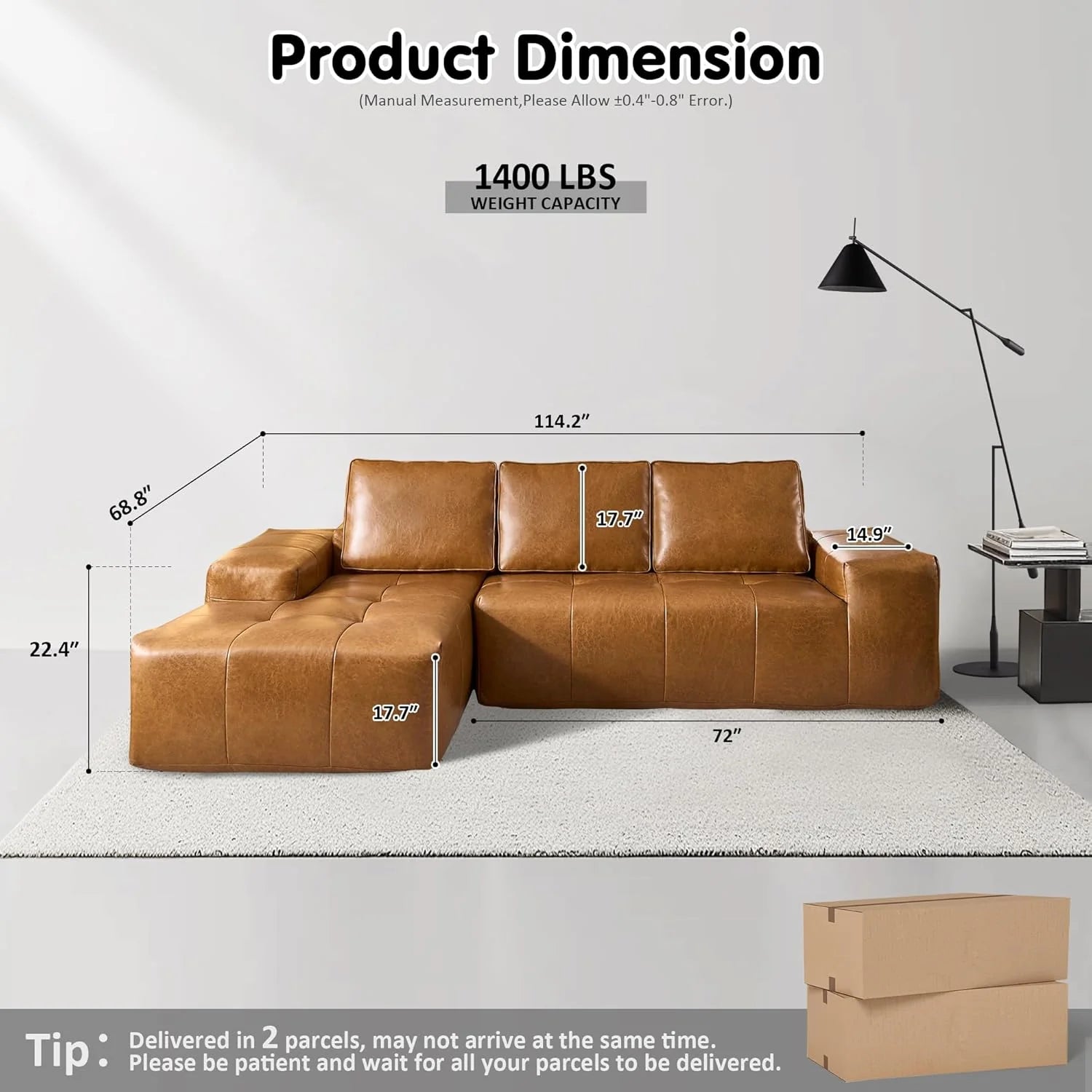 ovios 104 Cloud Sectional Couch with L-Shape Chaise,Modern Modular Sofa with Deep Seat, Upholstered Couches for Living Room Bedroom,No Assembly Required, Grey (Plush Corduroy Fabric)