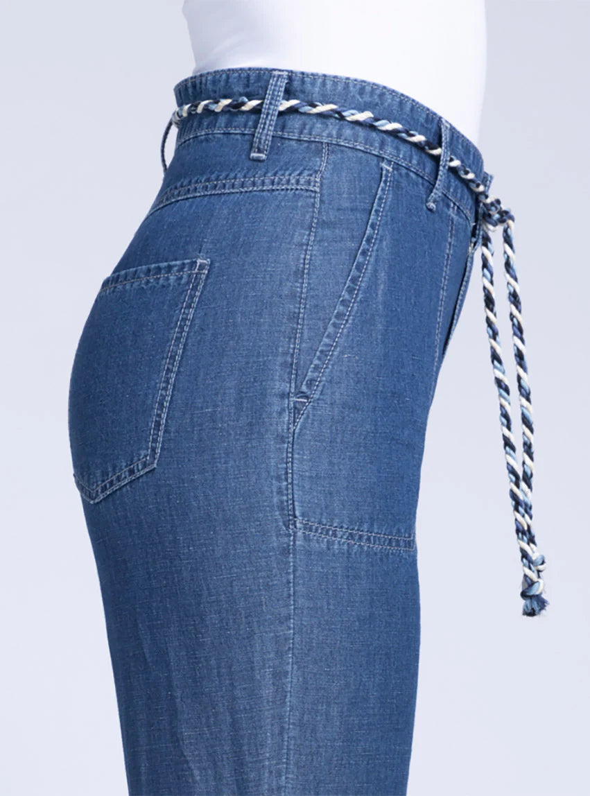 Pantalon 7/8 femme en coton et lin bleu indigo