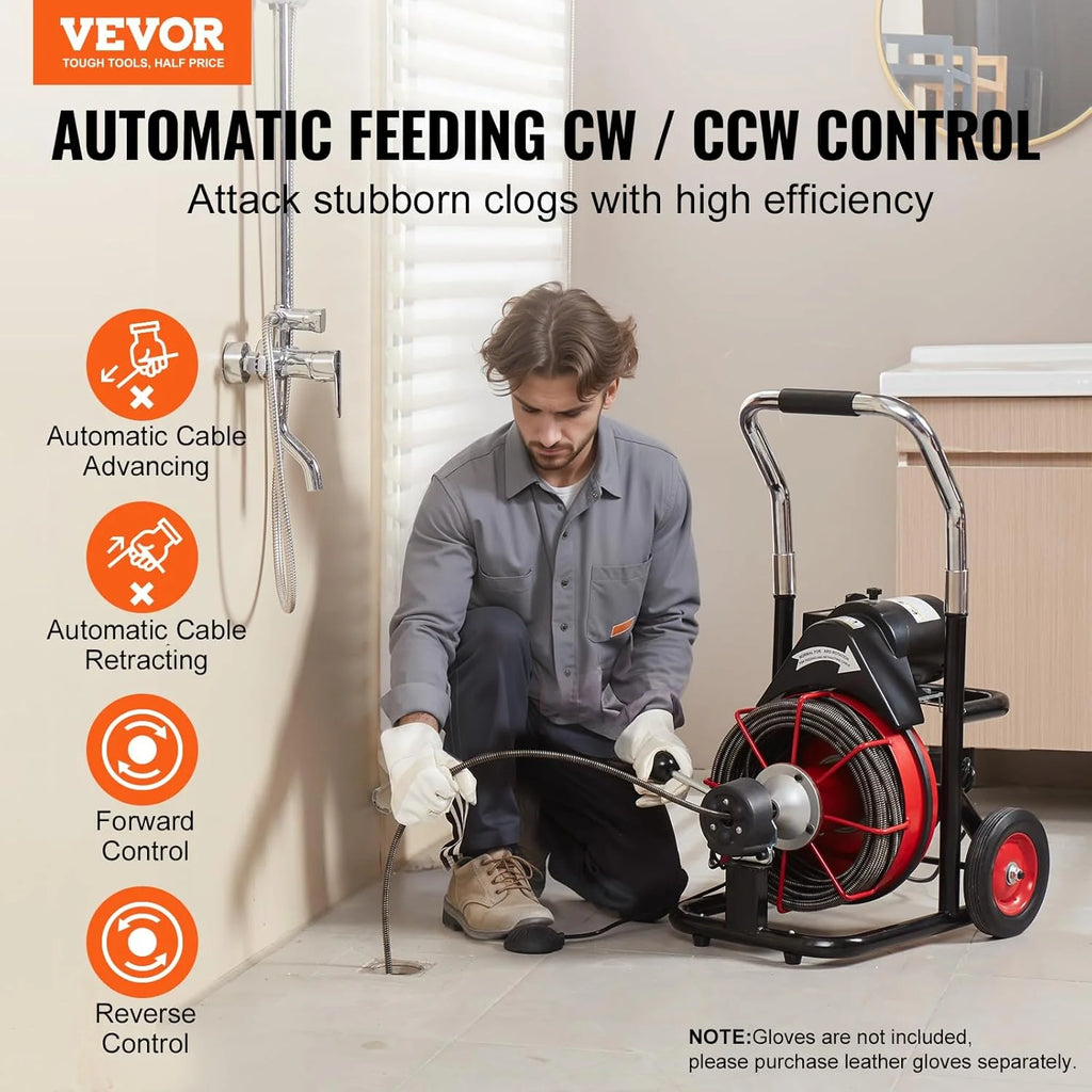 Drain Cleaner Machine 100FT x 1/2 Inch, Auto Feed Sewer Snake Auger on Wheels, 550W Portable Drain Cleaning Machine with 8 Cutters & Air-activated Foot Switch for 2 to 4 Pipes