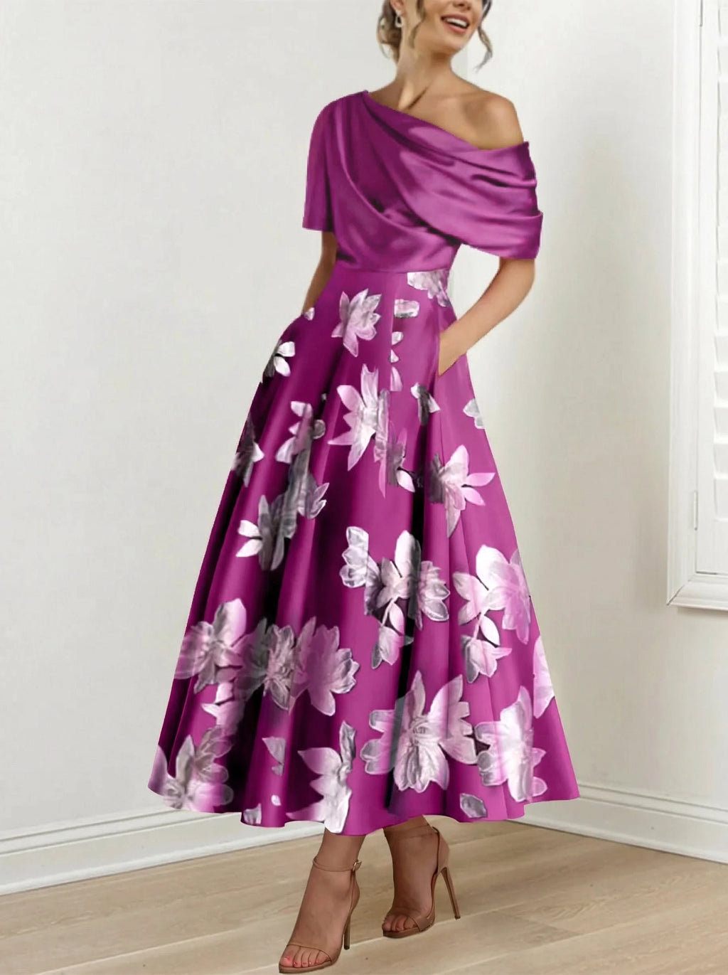 Robe de mère de la mariée à fleurs imprimées asymétrique en ligne A