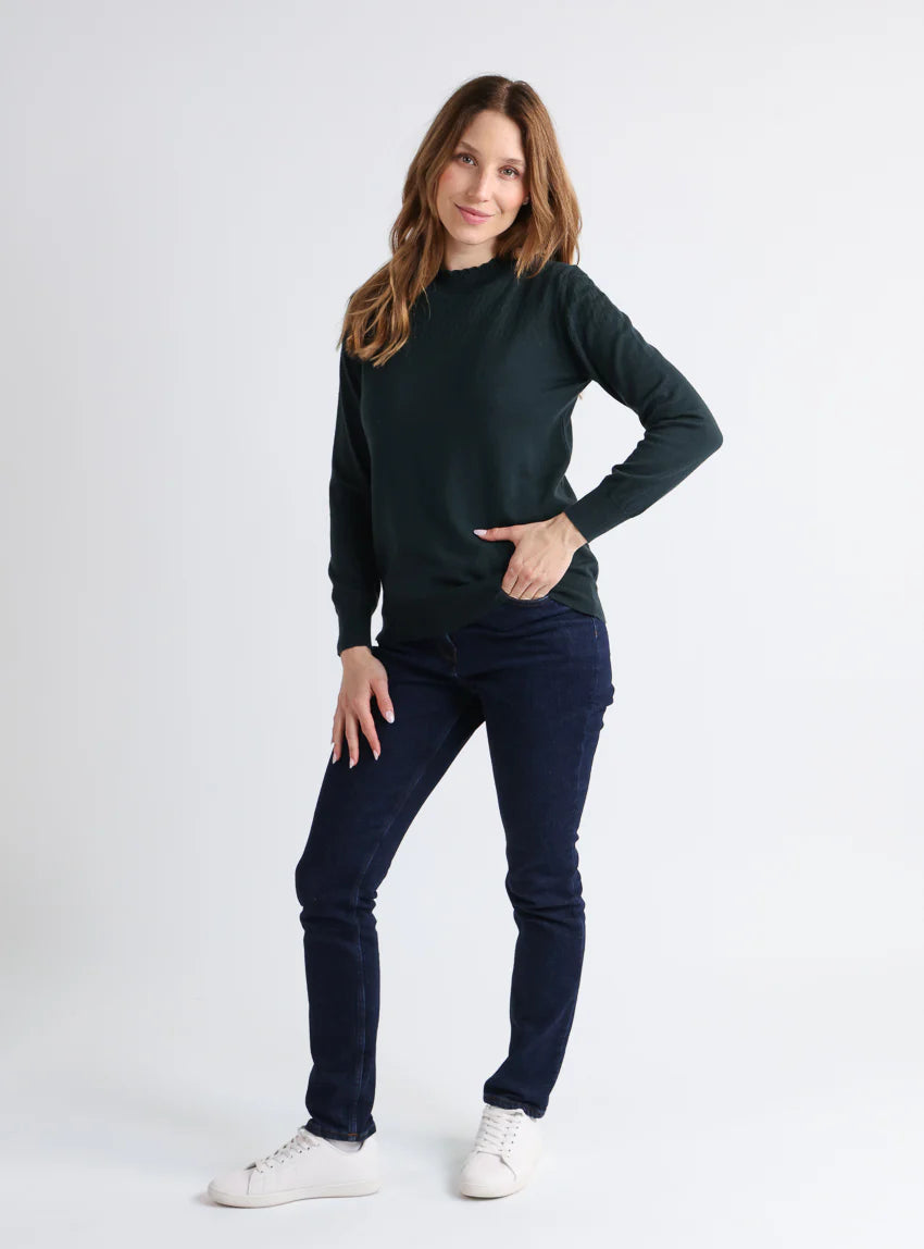 Pull femme col et maille fantaisie en laine merinos vert