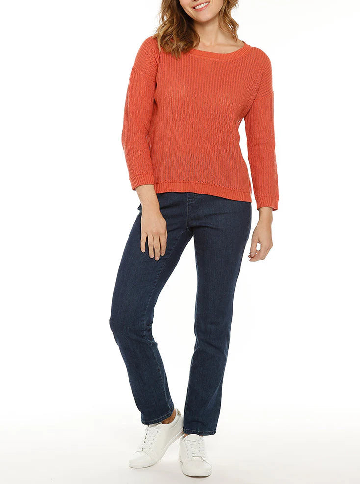Pull femme coton ajouré orange ocre