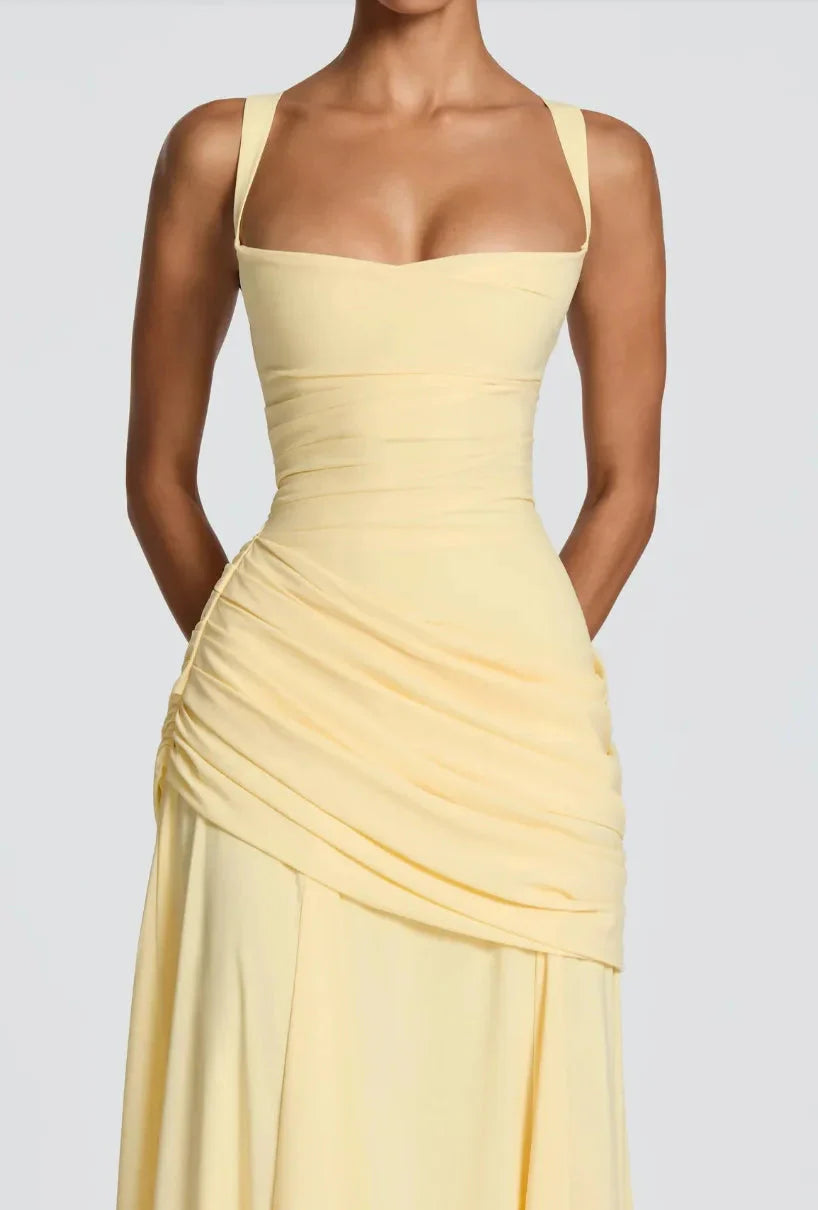Robe Maxi Jaune Drapée Froncée pour Femme