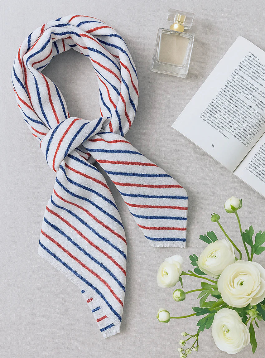 Foulard long femme rayé marine et rouge